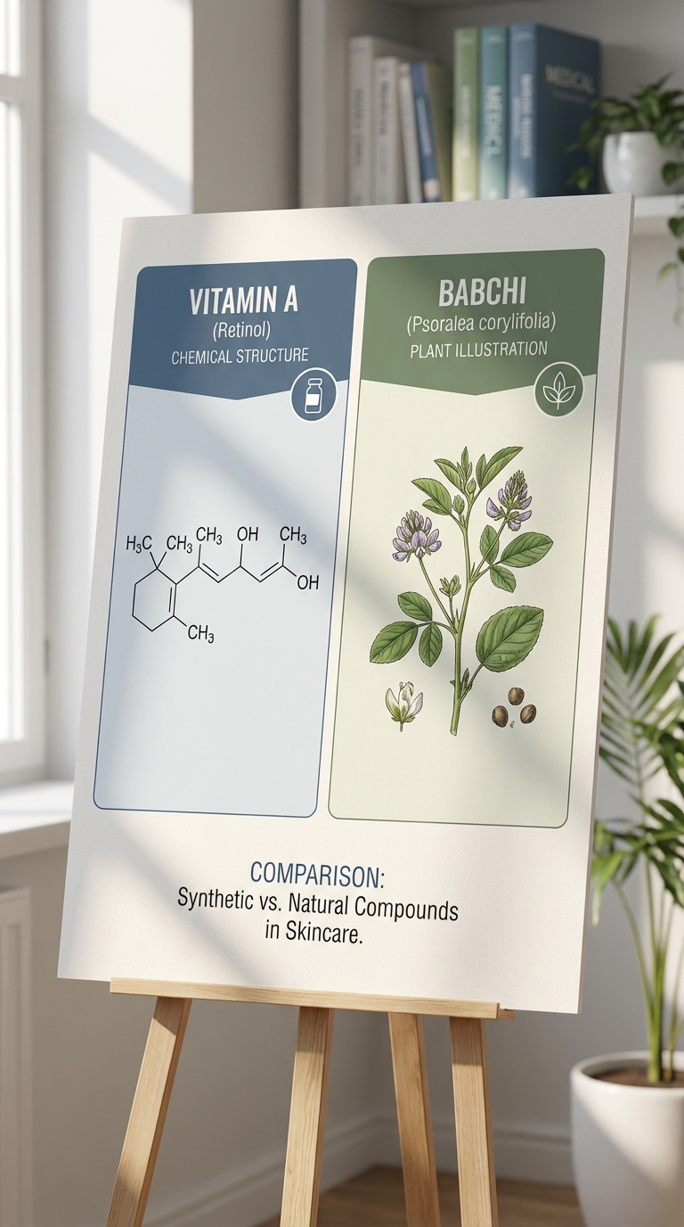 Scientific illustration showing the molecular difference between Vitamin A derivatives and the Babchi plant extract