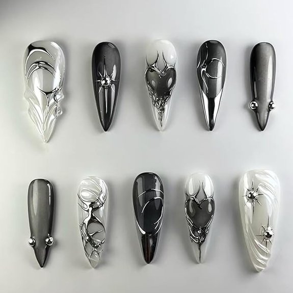Black Medium Almond Press-On Nails — Silver Stars