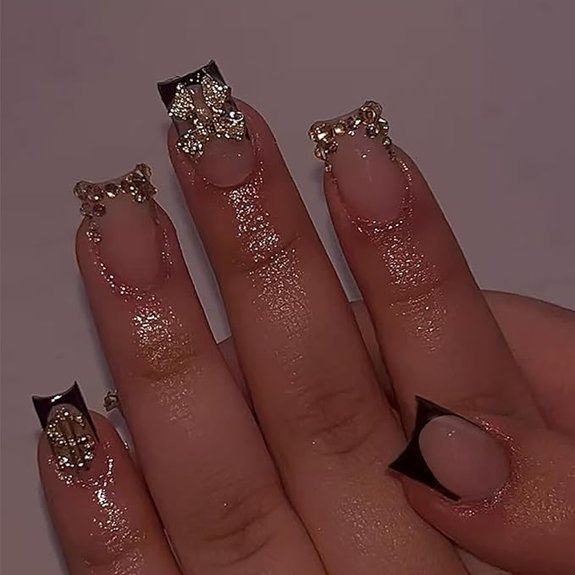 Black Short Square French Press-On Nails with Gold Bows