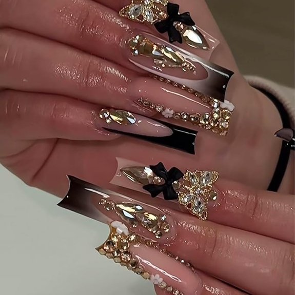 Black Square French Tip Fake Nails with Gold Butterflies
