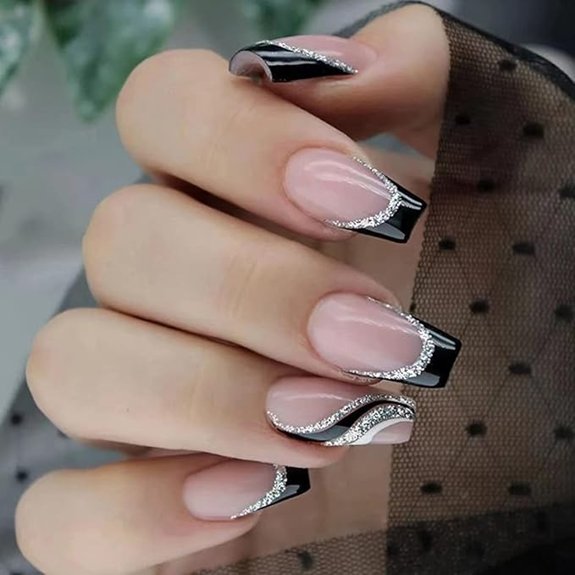 Black Silver Glitter French Tip Press-On Nails (24pcs)