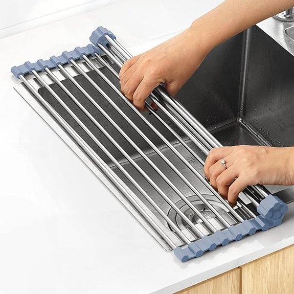 10 Kitchen Storage Hacks That Transform Clutter Into Calm 8 MECHEER Roll-Up Over-the-Sink Stainless Steel Dish Rack