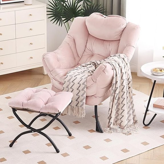 Velvet Pink Lazy Chair with Ottoman and Footrest