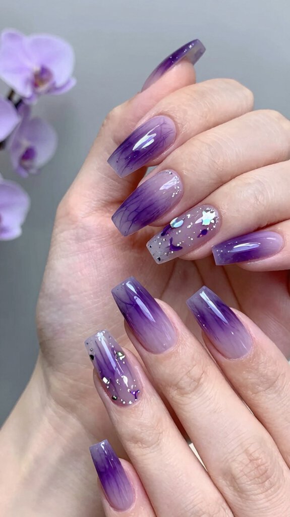 14 Amethyst Nail Design Ideas With Luxe Purple Vibes 12 amethyst purple with silver sparkle