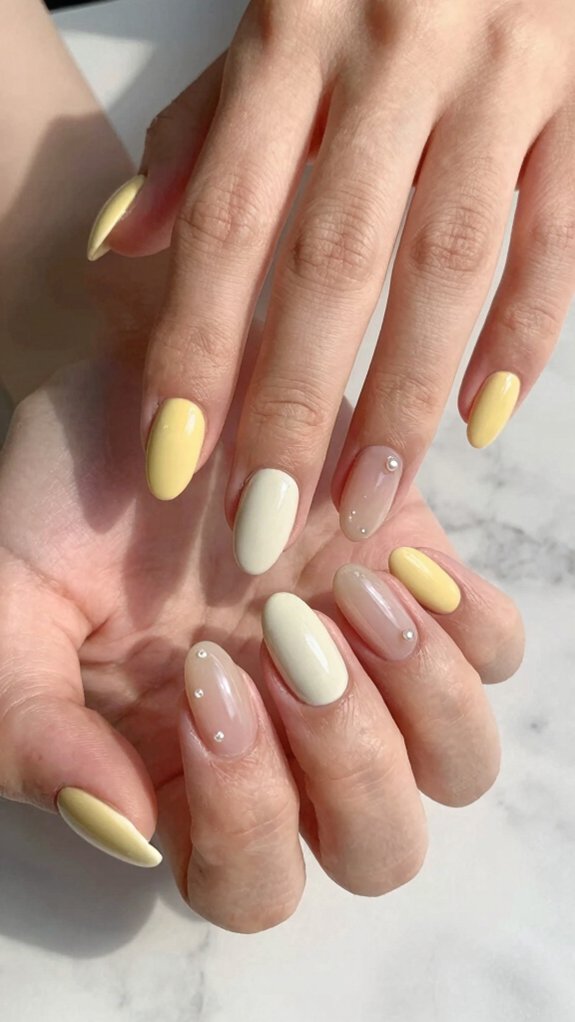 13 Pastel Yellow Nail Ideas That Feel Fresh and Trendy 12 butter yellow pastel skittle manicure