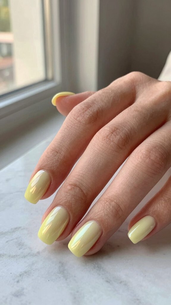 13 Pastel Yellow Nail Ideas That Feel Fresh and Trendy 8 butter yellow pearlescent chrome manicure