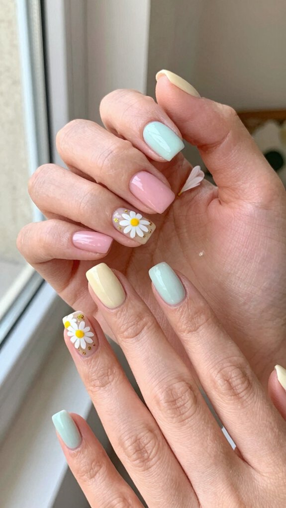 15 Pastel Nail Ideas With Floral Accents 6 buttery pastel yellow daisies