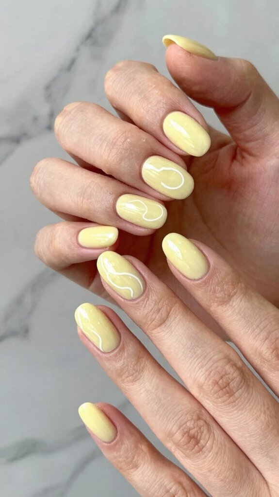 13 Pastel Yellow Nail Ideas That Feel Fresh and Trendy 7 buttery yellow white swirls