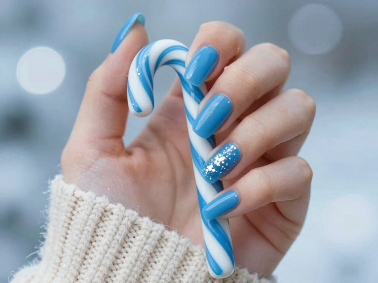 21 Blue and White Winter Nail Ideas for a Chic Seasonal Look 19 cobalt diagonal candy cane nails