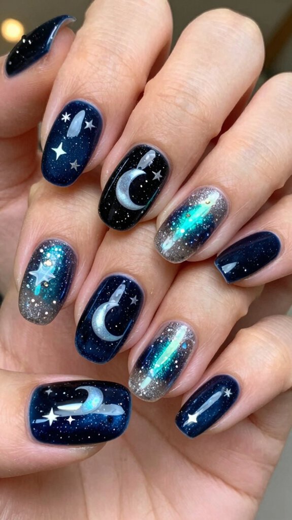 12 Trendy Moon and Star Nail Art Inspirations for 2026 3 cosmic iridescent navy galaxy nails