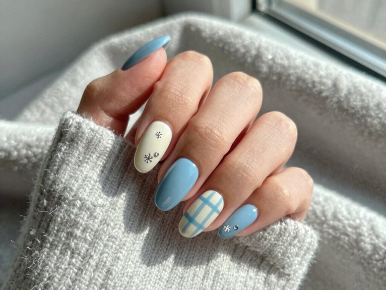 21 Blue and White Winter Nail Ideas for a Chic Seasonal Look 14 cozy blue plaid nailart