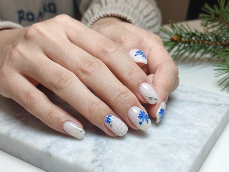 21 Blue and White Winter Nail Ideas for a Chic Seasonal Look 11 crisp white with blue florals