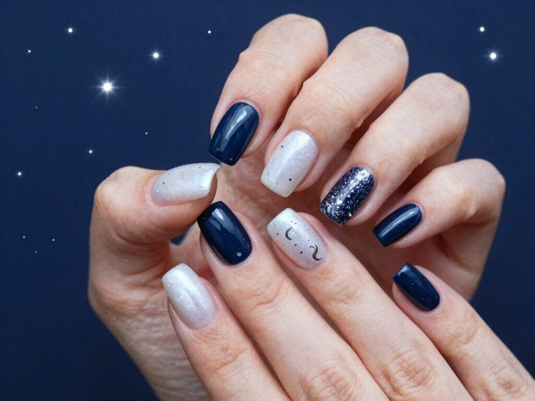 21 Blue and White Winter Nail Ideas for a Chic Seasonal Look 10 deep navy celestial manicure
