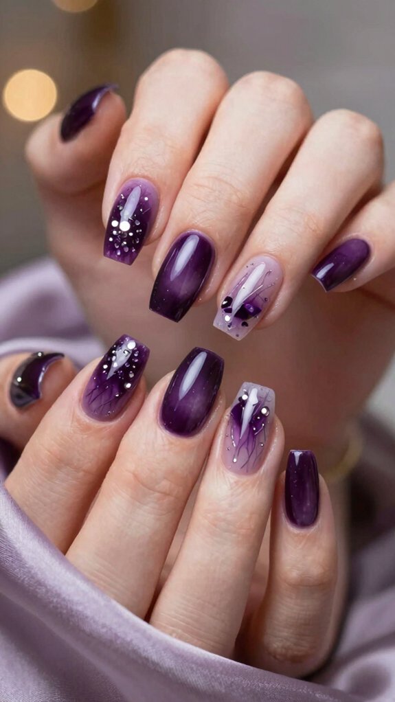 14 Amethyst Nail Design Ideas With Luxe Purple Vibes 2 deep plum jeweled ombre