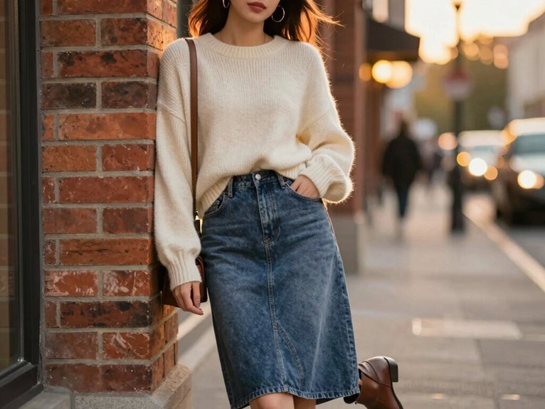20 Casual Date Night Outfit Ideas That Look Effortlessly Chic 13 denim skirt with knit