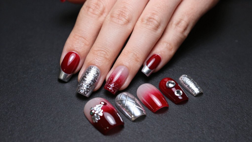festive red and silver nails