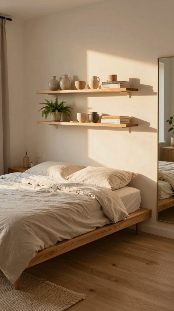 21 Cozy Bedroom Ideas for Small Rooms That Feel Warm and Spacious 3 floating shelves maximize bedside storage