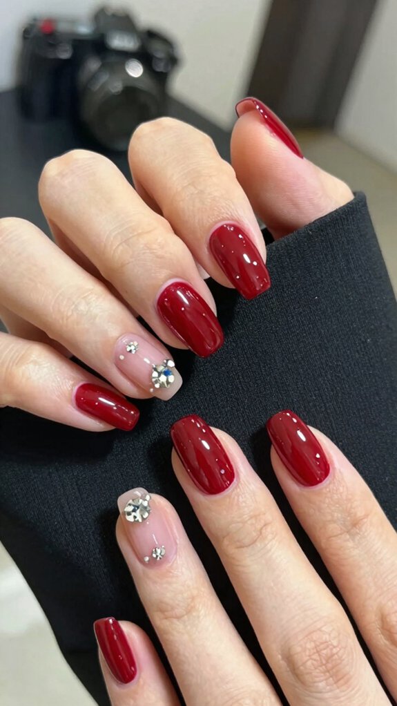 15 Red and Silver Nail Ideas to Try 14 glossy red nails with gems