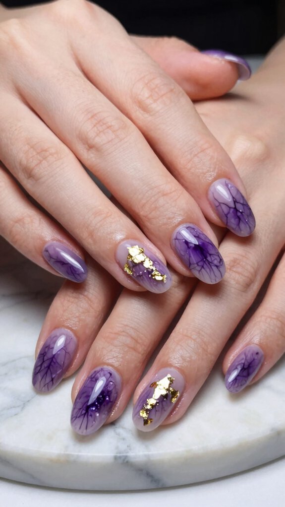 14 Amethyst Nail Design Ideas With Luxe Purple Vibes 3 gold flaked amethyst gradient nails