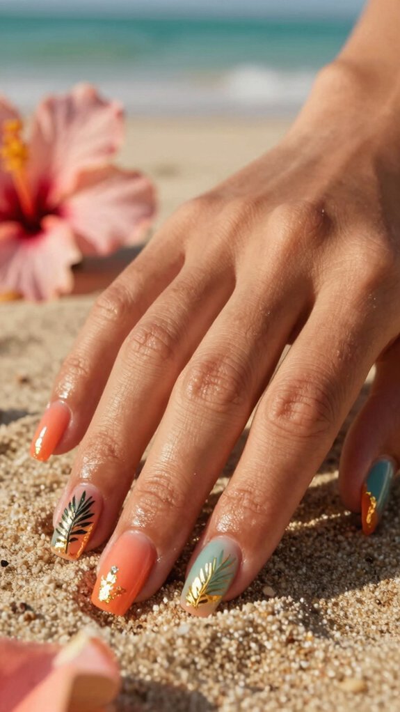 13 Hawaii Inspired Nail Ideas for a Tropical Vibe 11 gold gilded tropical seaside nails