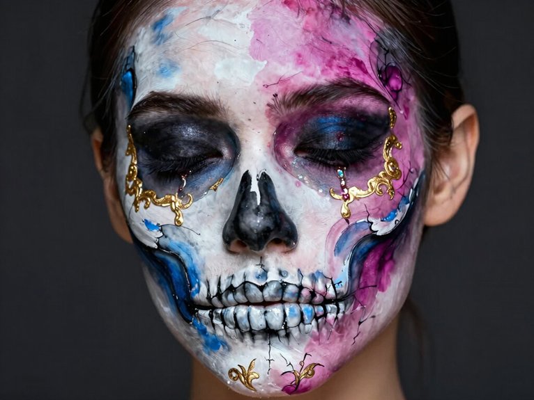 21 Creative Makeup Looks With Face Paint That Are Bold and Artistic 11 half face skeletal makeup artistry