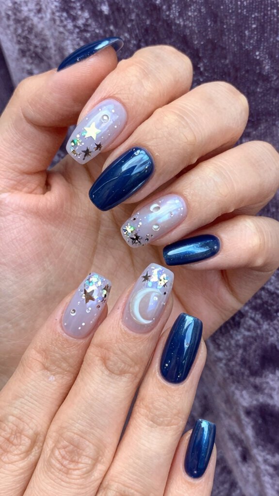 12 Trendy Moon and Star Nail Art Inspirations for 2026 8 holographic celestial moon sparkle