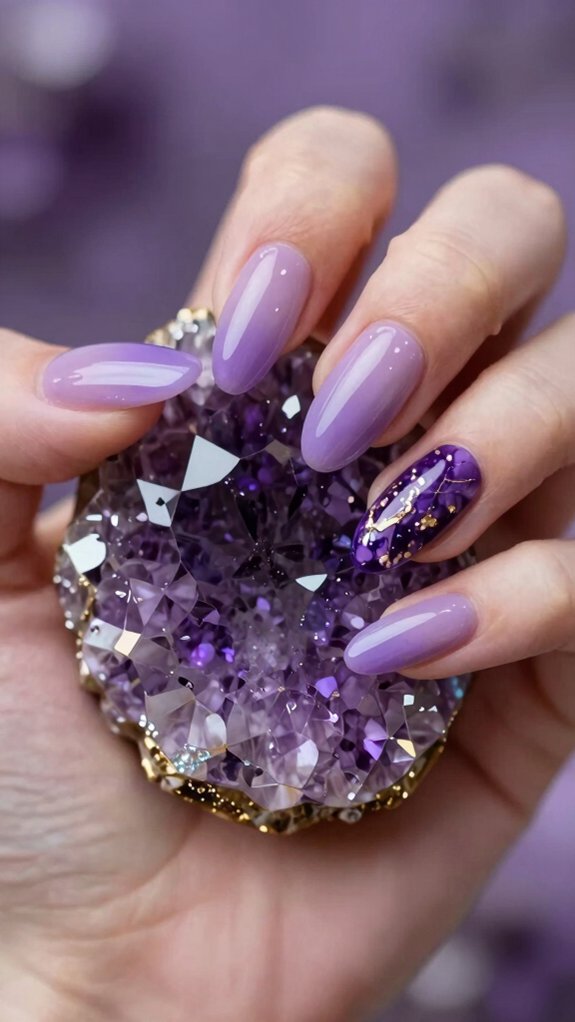 14 Amethyst Nail Design Ideas With Luxe Purple Vibes 7 iridescent amethyst geode accent