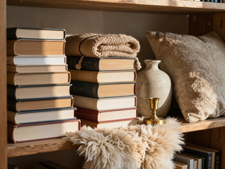 layered tactile bookshelf styling