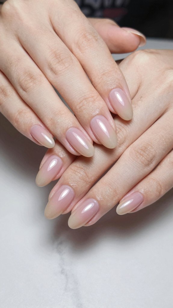 12 Almond Nude Pink Nail Ideas That Look Soft and Elegant 8 milky pearlescent glazed pink
