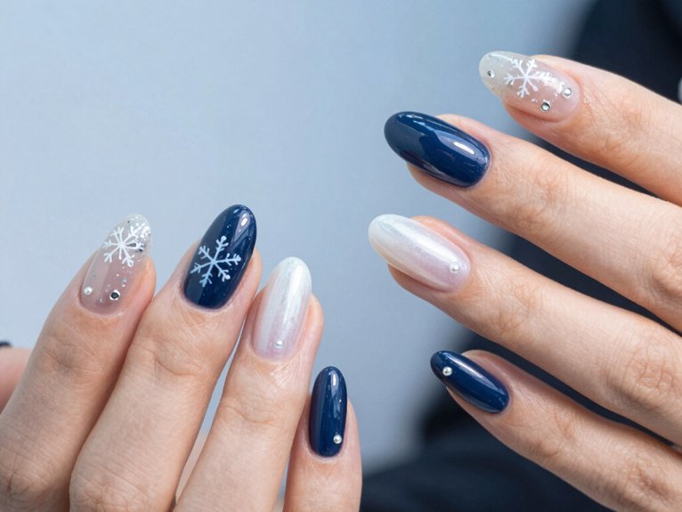 21 Blue and White Winter Nail Ideas for a Chic Seasonal Look 17 minimalist negative space snowflake manicure