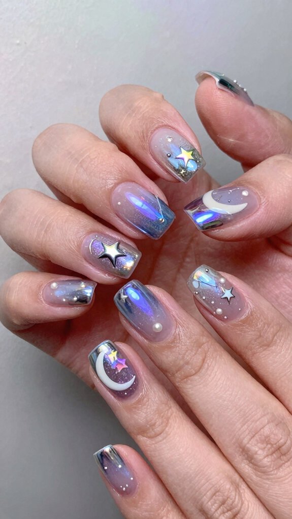 12 Trendy Moon and Star Nail Art Inspirations for 2026 10 mirror like chrome lunar manicure
