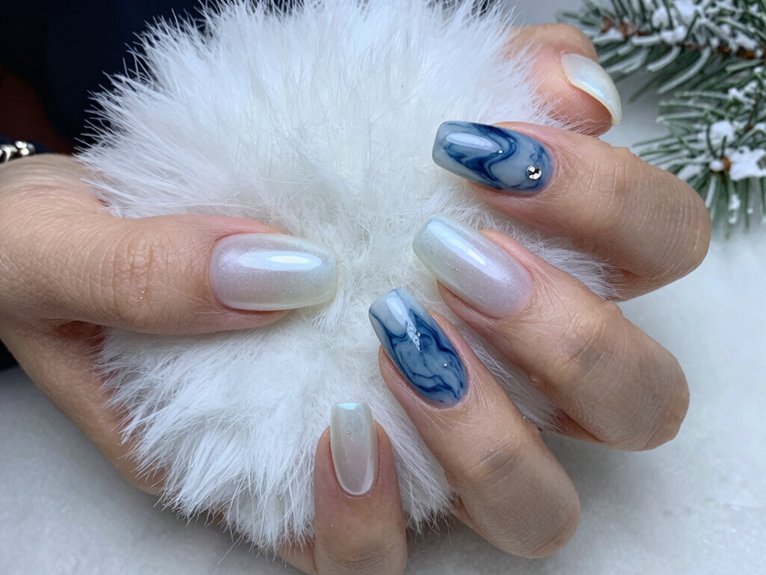 21 Blue and White Winter Nail Ideas for a Chic Seasonal Look 7 moody marble blue swirls