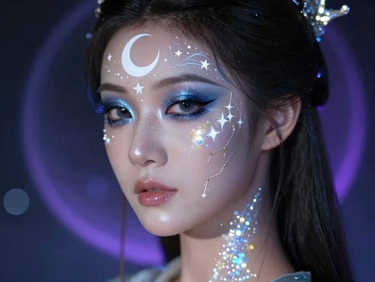 21 Creative Makeup Looks With Face Paint That Are Bold and Artistic 17 moonlit celestial glittered face