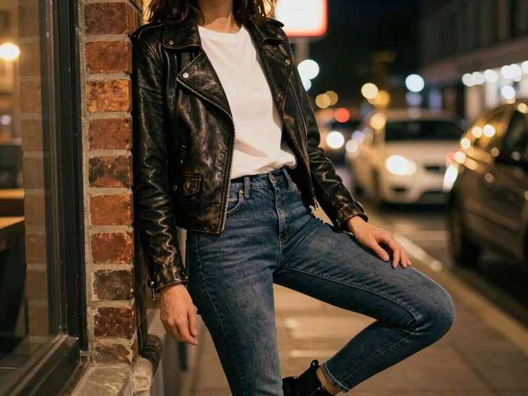 20 Casual Date Night Outfit Ideas That Look Effortlessly Chic 6 moto leather jacket tee