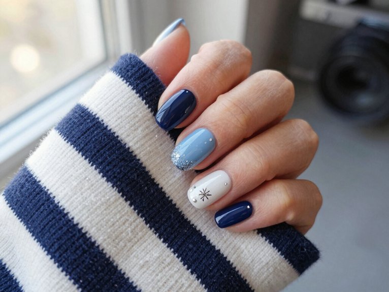 21 Blue and White Winter Nail Ideas for a Chic Seasonal Look 20 navy and white striped manicure
