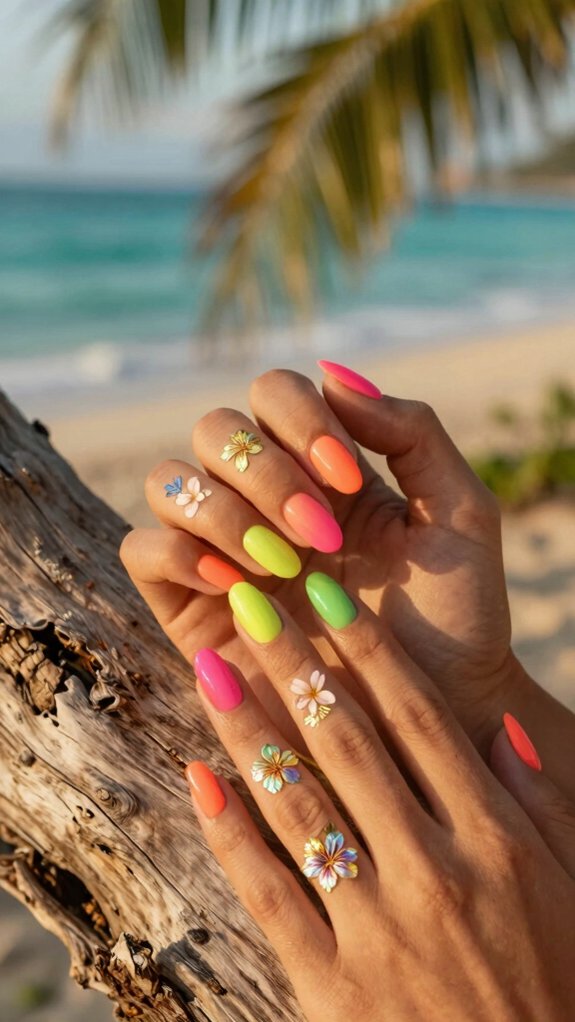 13 Hawaii Inspired Nail Ideas for a Tropical Vibe 12 neon tropical floral manicure