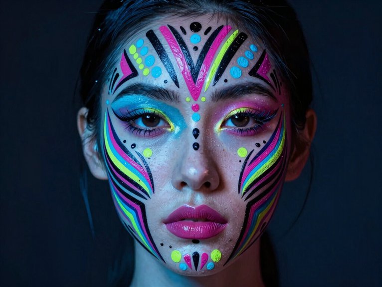 21 Creative Makeup Looks With Face Paint That Are Bold and Artistic 5 neon uv tribal geometric glow