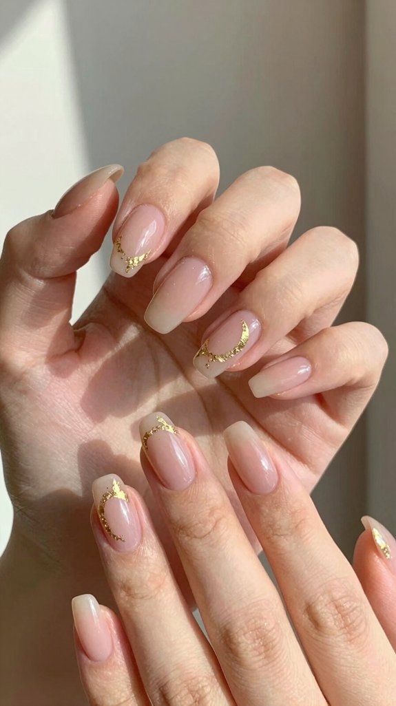 12 Almond Nude Pink Nail Ideas That Look Soft and Elegant 6 nude pink with gold