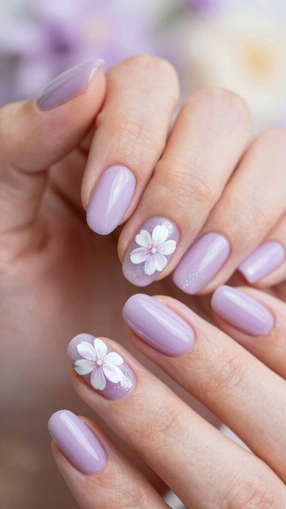 15 Pastel Nail Ideas With Floral Accents 9 pale lilac glittered floral manicure