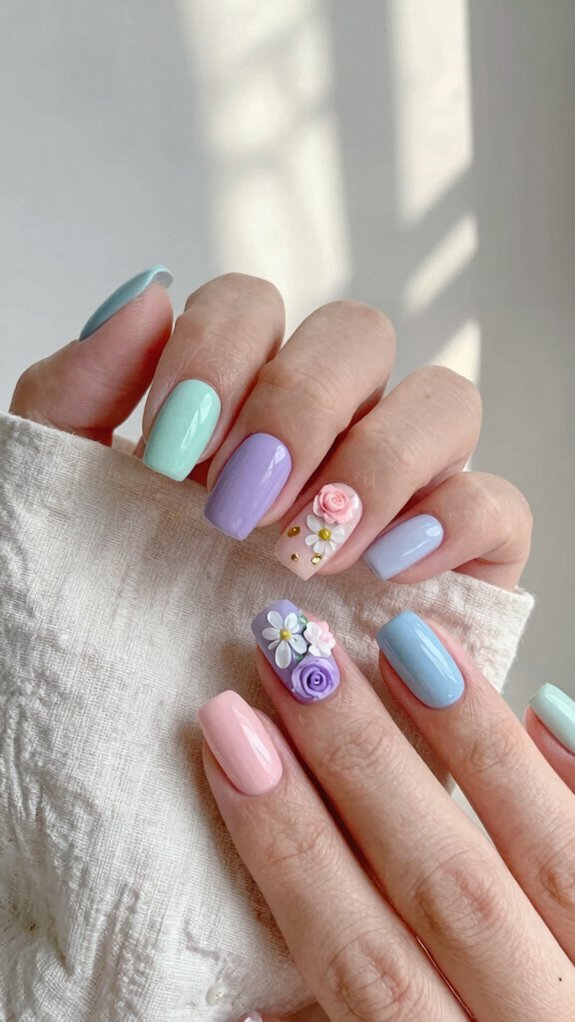 15 Gorgeous Pastel Nail Ideas to Try This Season 3 pastel hand painted floral accents