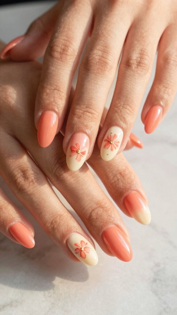 15 Pastel Nail Ideas With Floral Accents 8 peachy coral ombre florals