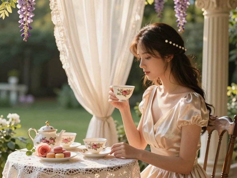 22 Princess Energy Aesthetic Ideas to Feel Soft, Confident, and Elegant 19 porcelain pastel floral tea time