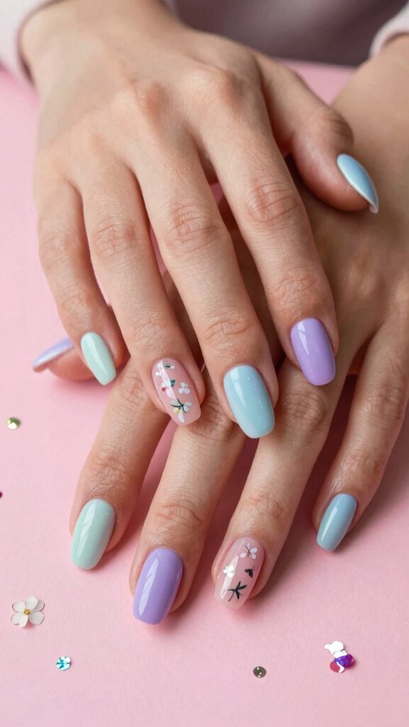 15 Pastel Nail Ideas With Floral Accents 11 powder pink floral confetti nails