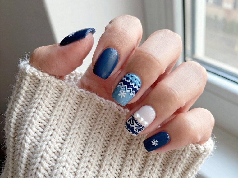 21 Blue and White Winter Nail Ideas for a Chic Seasonal Look 6 raised cozy knit manicure