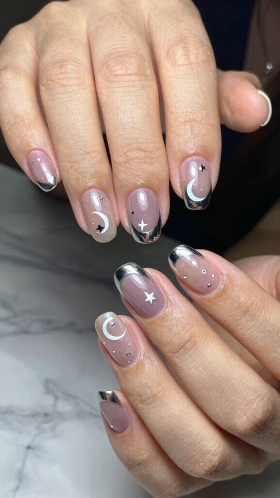 12 Trendy Moon and Star Nail Art Inspirations for 2026 2 silver crescent mirrored tips