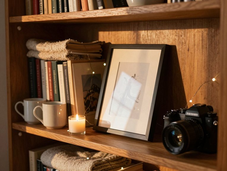 slim framed art between books