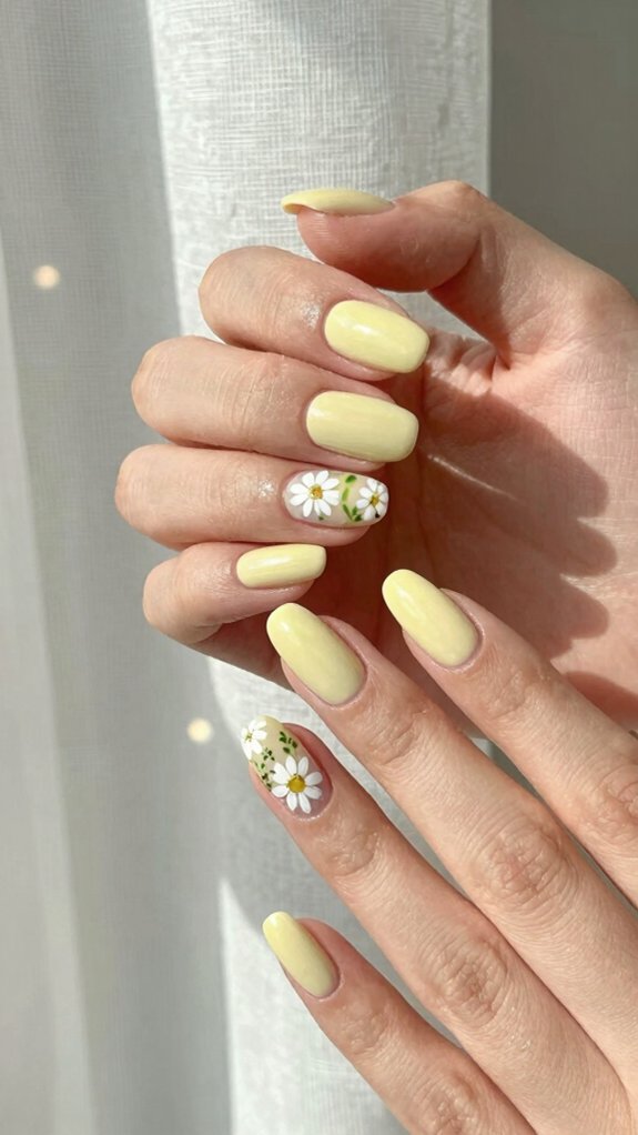 13 Pastel Yellow Nail Ideas That Feel Fresh and Trendy 6 soft butter yellow daisy nails