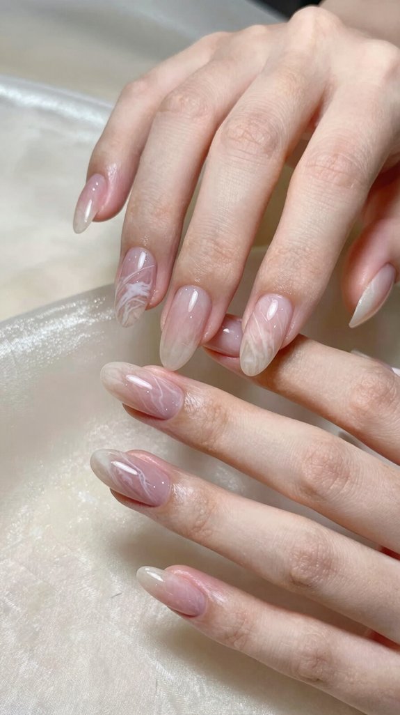12 Almond Nude Pink Nail Ideas That Look Soft and Elegant 9 soft translucent pink marble
