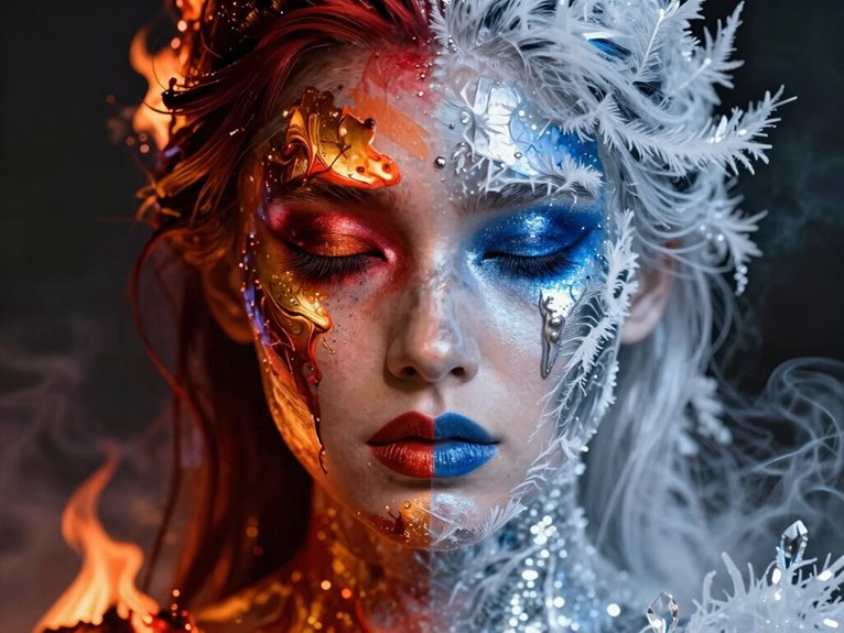 21 Creative Makeup Looks With Face Paint That Are Bold and Artistic 15 split fiery frosted face