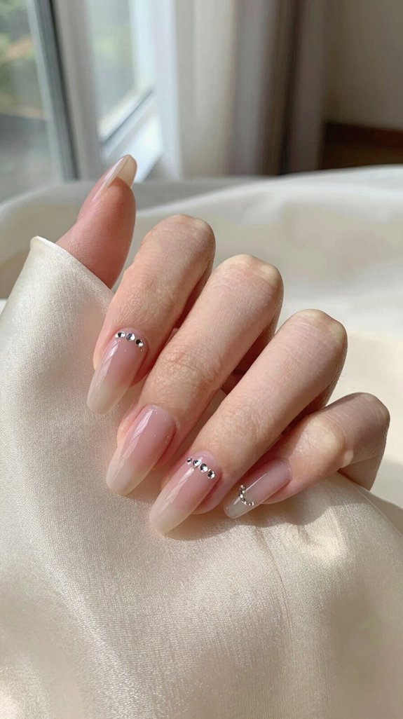 12 Almond Nude Pink Nail Ideas That Look Soft and Elegant 11 subtle rhinestone accented nude pink